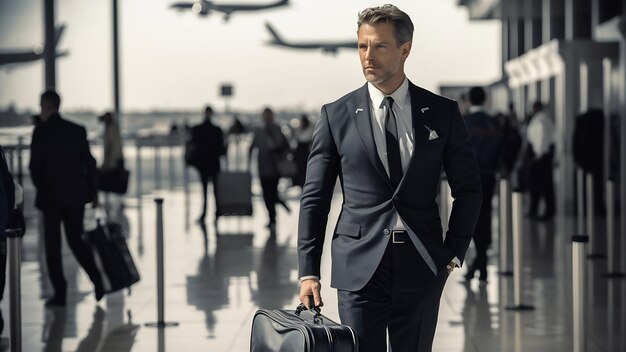 Uomo elegante all'aeroporto con una valigia