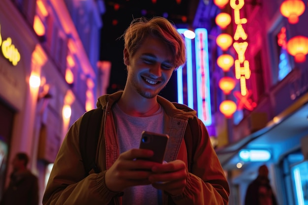 Uomo elegante che utilizza lo smartphone nella città illuminata al neon