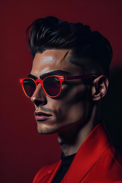 Uomo elegante con occhiali da sole e vestiti con dettagli rossi AI generativa