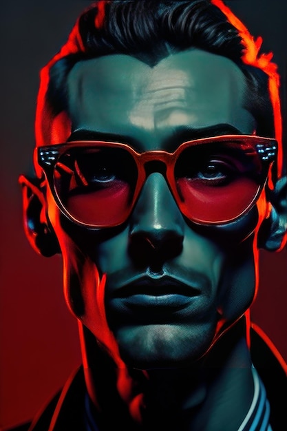 Uomo elegante con occhiali da sole e vestiti con dettagli rossi AI generativa
