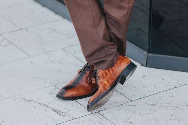 Uomo elegante con pantaloni da abito marrone e scarpe di pelle di rettile marrone e nera