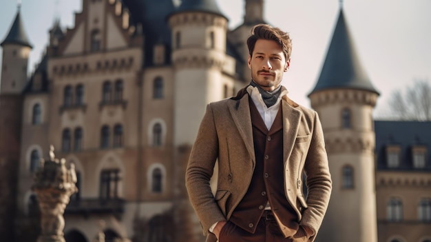 Uomo elegante in abiti eleganti che posa davanti a un castello d'epoca