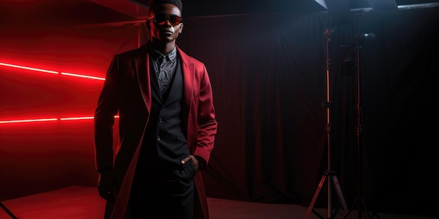 Uomo elegante in abito con luci al neon rosse per la promozione dell'industria della moda