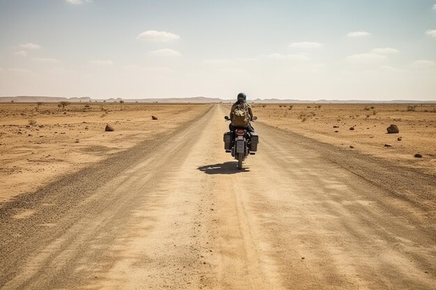 Uomo elegante in moto nel deserto