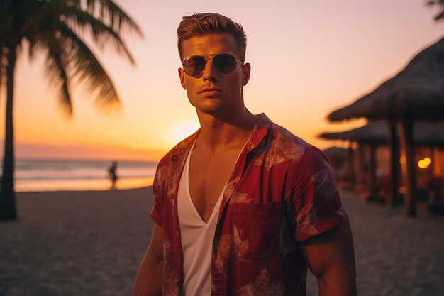 Uomo elegante su una spiaggia tropicale durante il tramonto moda e concetto di viaggio