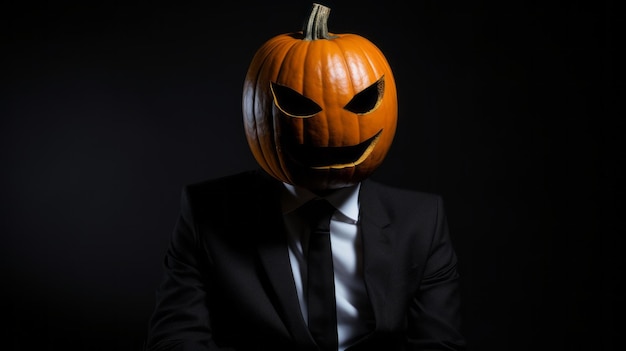Uomo elegantemente vestito con una zucca di Halloween incandescente invece di una testa Paura dell'orrore del partito