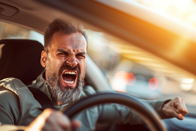 Uomo emotivo che si sente estremamente furioso mentre guida vicino a un guidatore pazzo e pericoloso.