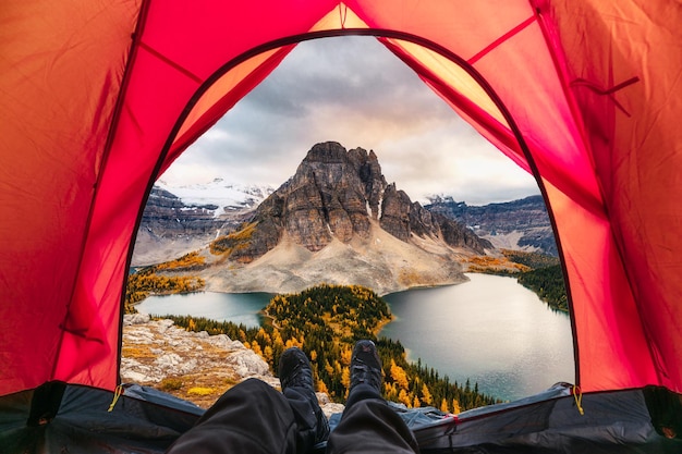 Uomo escursionista rilassante in una tenda con vista sul monte assiniboine nella foresta autunnale