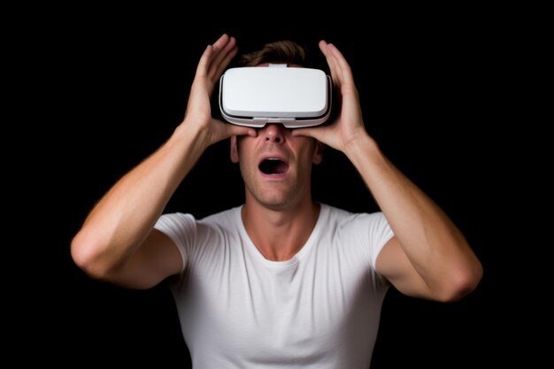 Uomo europeo eccitato, tizio che usa la tecnologia informatica, persona felice che indossa cuffie VR, realtà virtuale.