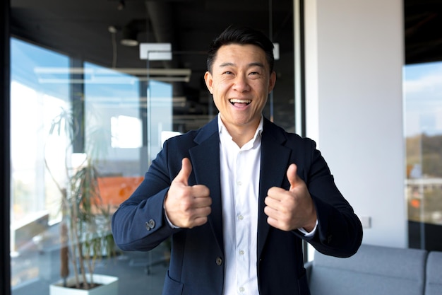 Uomo felice asiatico che guarda l'obbiettivo che mostra i pollici in su e l'uomo d'affari del segno giusto che sorride nell'ufficio moderno