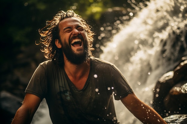 Uomo felice che beve da una lattina di birra a un festival Ai generativo