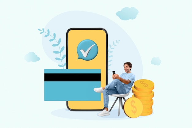 Uomo felice che effettua una transazione online di successo seduto vicino a un enorme cellulare e utilizzando una carta di credito