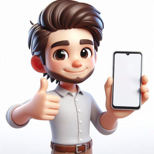 Uomo felice che mostra il pollice in stile 3D personaggio di cartone animato che tiene in mano uno smartphone su sfondo bianco solido ai generativo