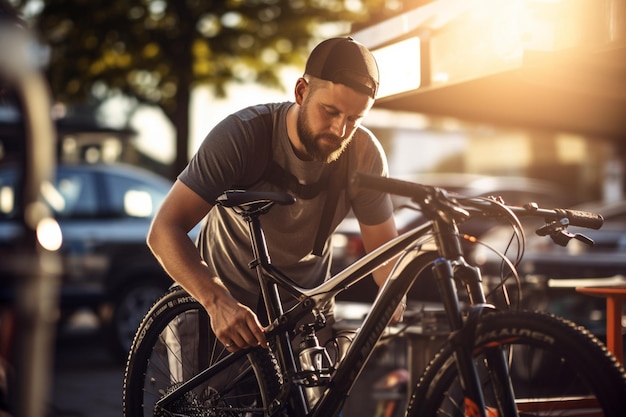 Uomo felice che ripara una bicicletta su un supporto per biciclette con IA generativa