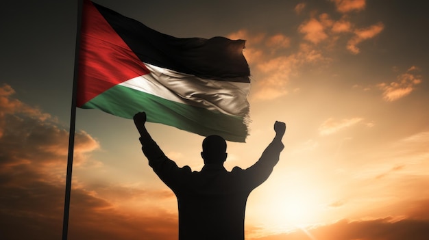 Uomo felice che tiene la bandiera della Palestina nel concetto di libertà e patriottismo del cielo al tramonto