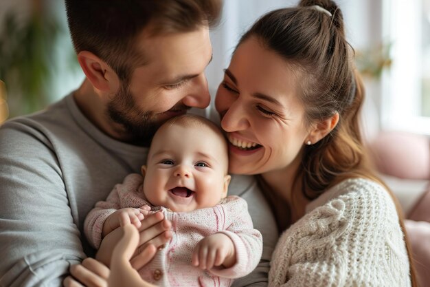 Uomo felice che tiene un bambino adorabile vicino a sua moglie sorridente