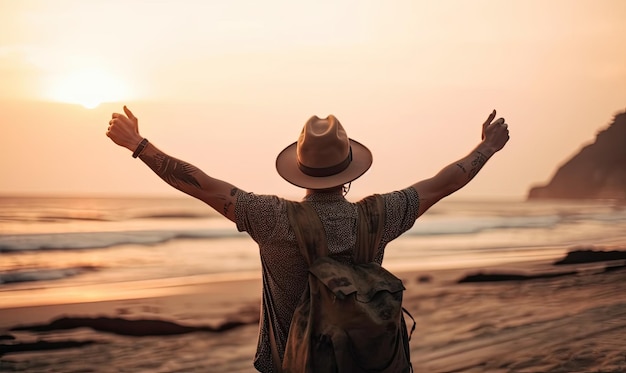 Uomo felice con cappello e zaino che alza le braccia sulla spiaggia al tramonto assistenza sanitaria Wellness viaggi e salute mentale concetto di IA generativa