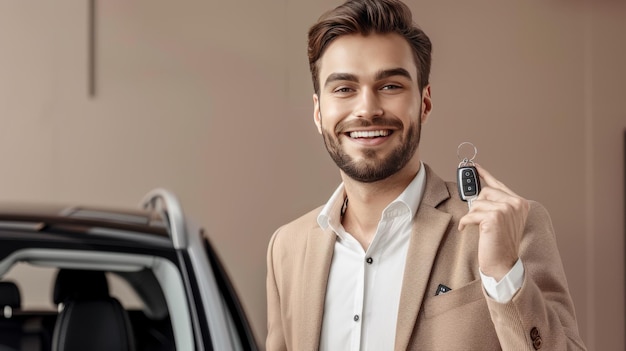 Uomo felice con la chiave dell'auto accanto a un veicolo di lusso sorridente