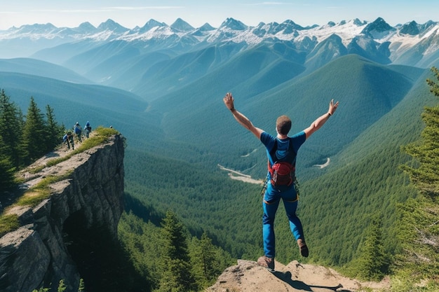 Uomo felice con le braccia alzate che salta in cima alla montagna escursionista di successo che celebra il successo