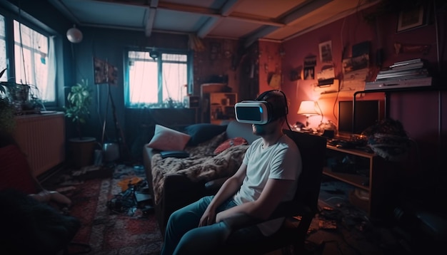 Uomo felice con occhiali per realtà virtuale in un pasticcio in una stanza di casa fuga dalla realtà vita virtuale co