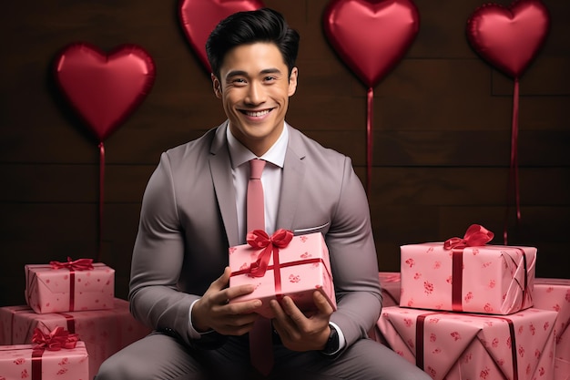 uomo felice e bello asiatico tiene una scatola regalo rossa e rosa per il giorno di San Valentino sullo sfondo interno