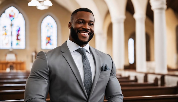 Uomo felice in abito grigio in chiesa