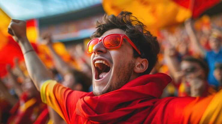 Foto uomo felice in camicia rossa con gesti estatici sorridendo e festeggiando aig