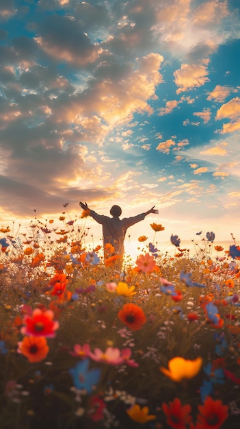 Uomo felice in un campo di fiori in fiore di fronte al cielo Celebrazione di successo Gestico di ringraziamento Benedizione di Dio