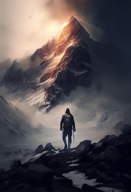 Uomo forte che fa un'escursione sulla cima della montagna innevata durante il freddo inverno Creato con la tecnologia generativa AI
