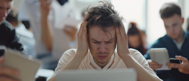 Uomo frustrato che si sente sopraffatto dallo stress nel suo spazio di lavoro disordinato