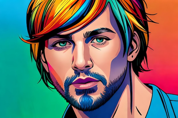 Uomo gay LGBTQ con i capelli color arcobaleno Illustrazione generativa di AI