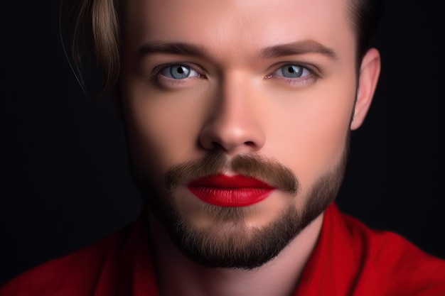 Uomo gay transgender con labbra rossetto rosso Viso barbuto maschile con trucco IA generativa