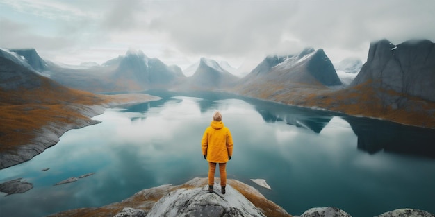 Uomo giallo viaggio sul lago seduto acqua natura indietro escursioni a monte capo IA generativa