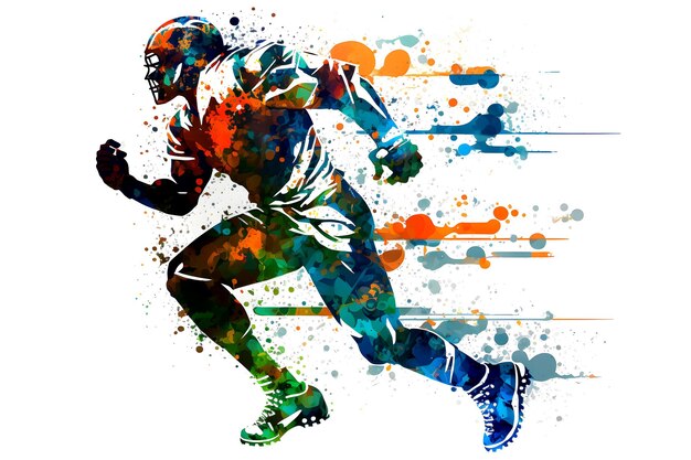 Uomo giocatore di football americano con spruzzi di vernice multicolore isolato su sfondo bianco Arte generata rete neurale