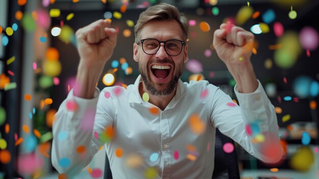 Uomo gioioso che celebra con i confetti in casa