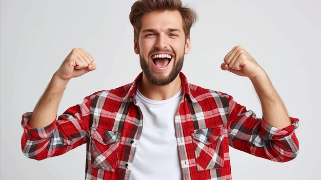 Uomo gioioso che celebra il successo sullo sfondo luminoso