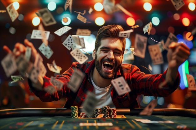 Uomo gioioso che celebra una grande vittoria al casinò