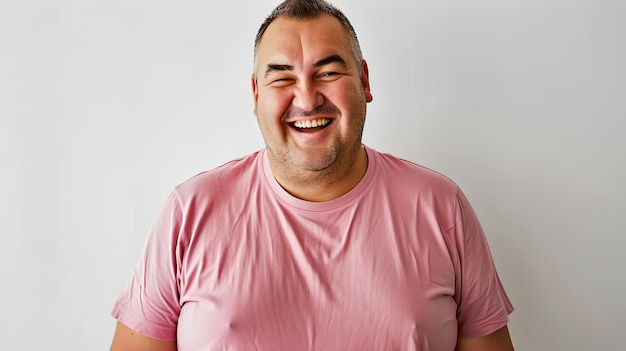 Uomo gioioso che ride con una maglietta rosa casuale Emozioni positive e sincere Perfetto per la pubblicità e le campagne sui social media Ritratto in stile minimalista AI