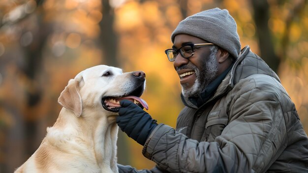 Uomo gioioso che si unisce al suo Labrador in un parco autunnale, amicizia calorosa tra proprietario e animale domestico, perfetto per lo stile di vita e i temi all'aperto.