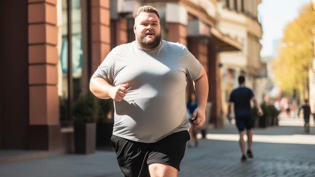 Uomo grasso in abiti sportivi che corre lungo un sentiero di asfalto con sete di perdere peso in un parco soleggiato