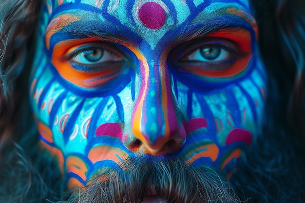 uomo hippie barbuto di mezza età con trucco colorato da vicino