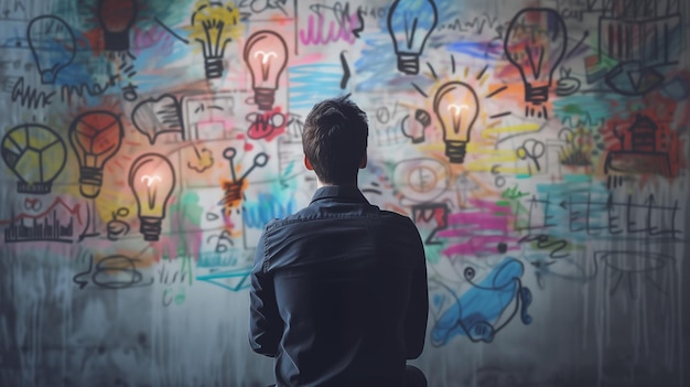 Uomo immerso in una tempesta di idee creative con simboli di lampadine scarabocchiate