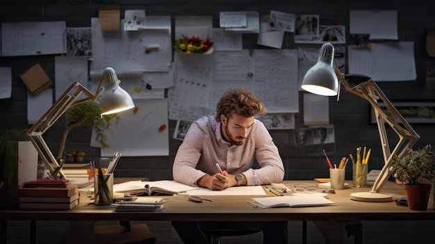 Uomo immerso nel compito di scrittura