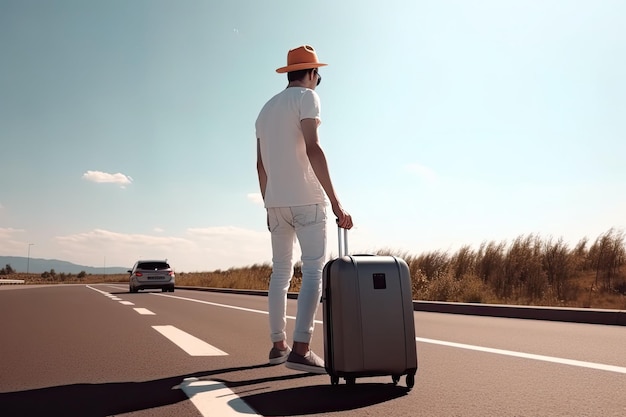 Uomo in abbigliamento casual che fa l'autostop sul ciglio della strada Uomo con la valigia che viaggia con l'autostop IA generativa