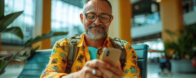 uomo in abbigliamento estivo luminoso e confortevole e cuffie all'aeroporto usando uno smartphone generato da AI