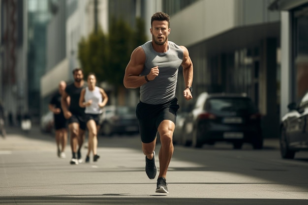 Uomo in abbigliamento sportivo che corre sulla strada