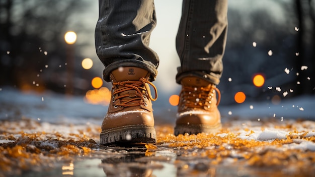 uomo in abiti da inverno con scarpe che cammina attraverso la foresta al tramonto