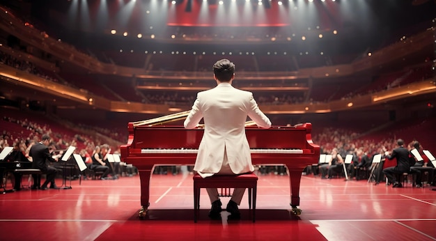 Uomo in abito bianco che suona il pianoforte rosso e un'enorme carta da parati con banner di sfondo per una sala da concerto