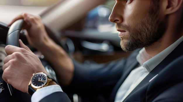 Uomo in abito che guida un'auto ritratto da vicino con un orologio