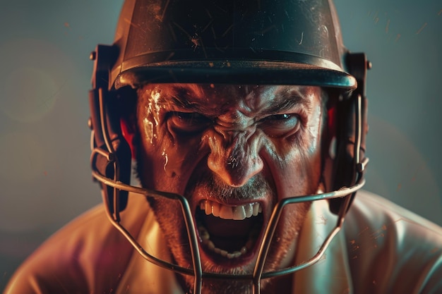 Uomo in abito da cricket con casco che urla di gioia e rabbia concetto di coppa del mondo di cricket